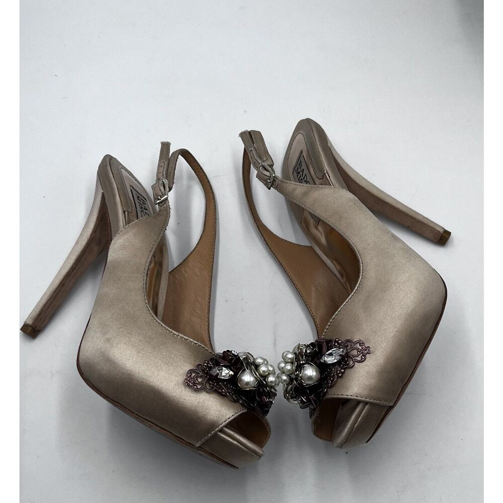 Badgley Mischka Anita Satin Peep Toe Platform Stiletto‎ Flower Jewels Sz 6.5 - Picture 12 of 16